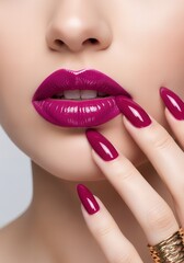Naklejka premium Close-up of a woman's perfectly shaped lips in a vibrant berry shade, paired with matching polished fingernails, showcasing a bold and glamorous beauty statement