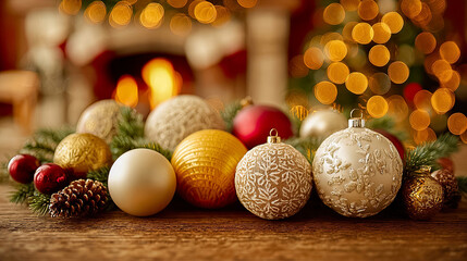 Obraz premium Golden, red and white Christmas baubles on rustic table with fireplace glowing in background - Generated with AI