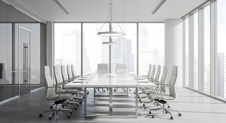 Modern Meeting Room With Chairs And Table Featuring Building View Interior Design