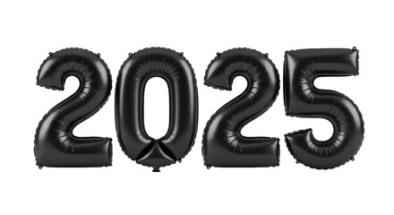 Four robust, heavy matte black rubber "2025" balloons with volumetric forms, casting subtle shadows on a transparent studio background. Symbol of numerical data and precision