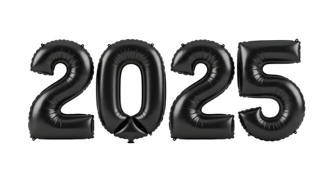 Four robust, heavy matte black rubber "2025" balloons with volumetric forms, casting subtle shadows on a transparent studio background. Symbol of numerical data and precision