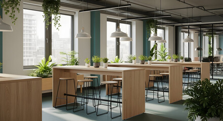 Modern office interior with wooden tables, plants, and natural light streaming through the windows