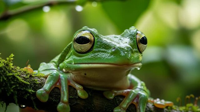 Close up of Green frog resting on branch. Green frog, also known as Litoria caerulea, is resting in tranquil rainforest habitat. Frog is ideal for nature videos.