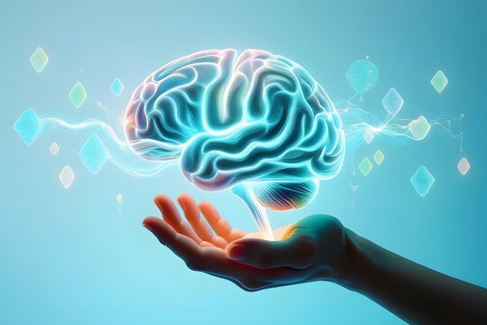 Futuristic Brain Hologram in Hand