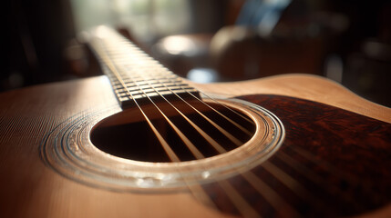 Close-up of acoustic guitar strings and sound hole.
