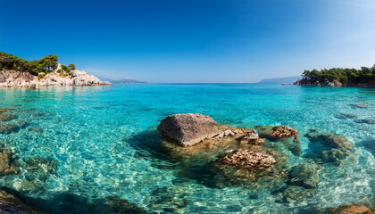 Fototapeta premium Crystal Clear Turquoise Water With Rocks In A Coastal Landscape