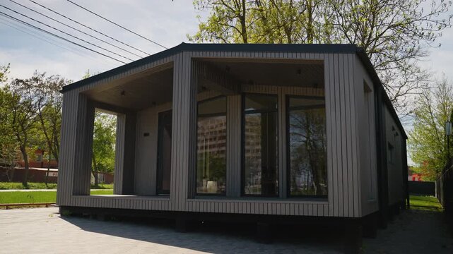 Modern prefabricated mobile home rotating showing different angles