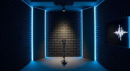 Modern professional recording studio with a microphone and soundproofing panels in blue tones