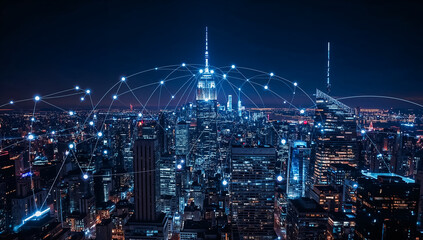 Obraz premium background of a night city of a metropolis, high-speed network internet concept