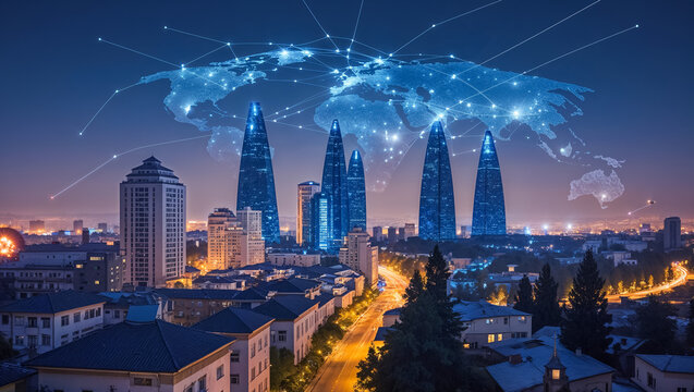 background of a night city of a metropolis, high-speed network internet concept