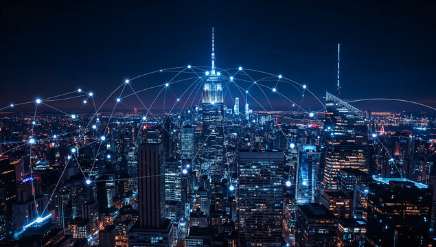 background of a night city of a metropolis, high-speed network internet concept