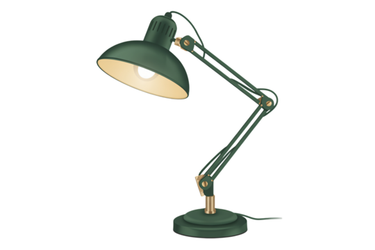 Stylish green desk lamp illuminates modern workspace with adjustable arm