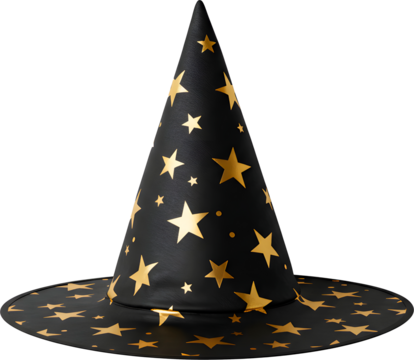 A striking witch hat with a black backdrop adorned with golden stars