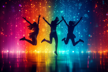 Three female silhouettes jump high with arms raised, celebrating joyfully. A dynamic rainbow light background glows with sparkling particles and colorful reflections.