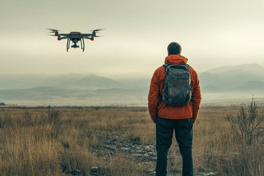 Adult man in orange jacket and backpack stands on a dry field, watching a drone flying over distant hazy mountains. - Powered by Adobe