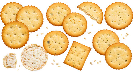 Flying square crackers cut out on transparent, cracker on white background top view