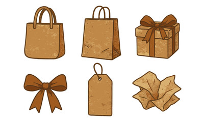 Eco-friendly kraft paper shopping bags, gift box, bow, and tag set on white background