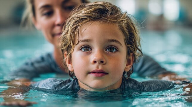 A young boy practices swimming in a pool with his instructor looking at the camera.