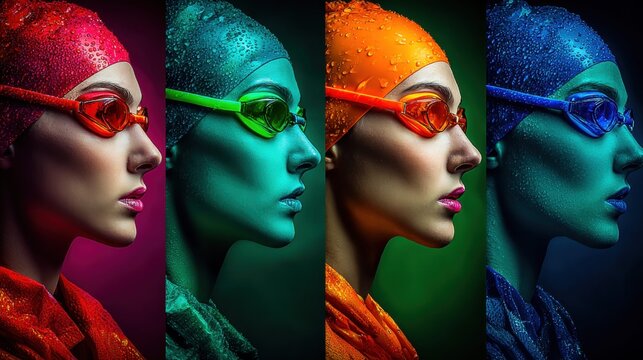 A striking portrait of a swimmer in colorful gear with a focus on a dynamic and modern look.