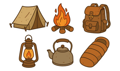 Rustic camping gear set: tent, campfire, backpack, lantern, kettle, sleeping bag