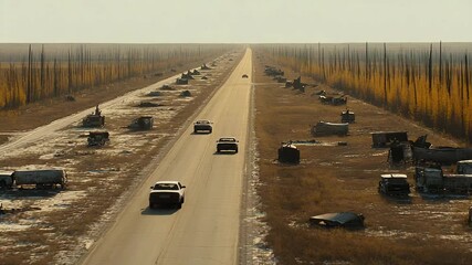 Aerial view shows a long rural road with moving cars across a dry tree-lined landscape