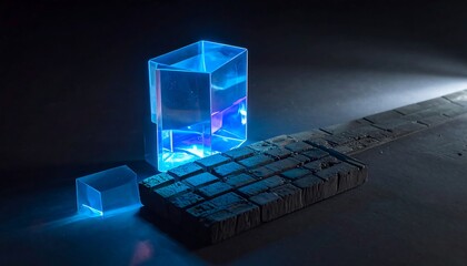 Glowing geometric prisms on dark surface