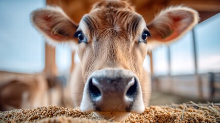 A curious cow gazes directly at the camera while eating grains in its feeding trough.