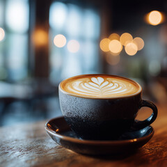 Small cup of latte with rosetta foam amid blurred lights, photograph