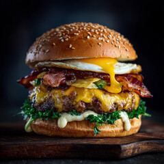 Stacked cheeseburger with melted sauce and brioche bun, studio photo