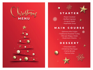 Vector christmas menu template for restaurant on the red background with golden text and elements. Merry christmas menu printable template