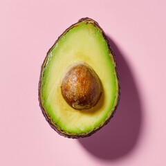 Ripe avocado half on blush pink backdrop, studio photo