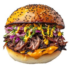 Pulled Pork Burger with Mustard and Slaw Topped with Sesame Seed Bun