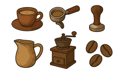 Rustic coffee elements with vintage grinder, cup, and beans on neutral background