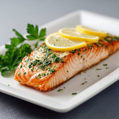 Baked salmon steak with greens and lemon on ceramic tray, photography