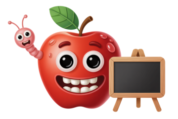 Funny cartoon apple character with worm friend near blank chalkboard