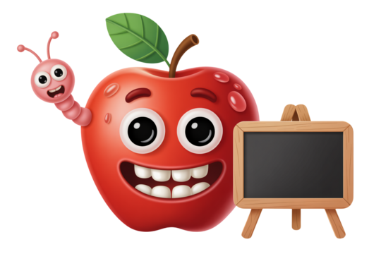 Funny cartoon apple character with worm friend near blank chalkboard