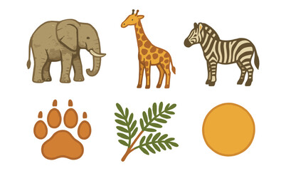 Fototapeta premium Colorful safari animal set with elephant, giraffe, and zebra in cartoon style