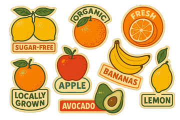 A collection of seasonal fruit-themed items featuring diverse phrases and words, along with colorful stickers, patches, badges, and pins depicting various fruits