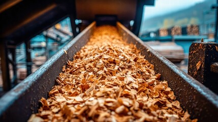 Close-up of wood chips in a sawmill's processing conveyor, showcasing texture and details.