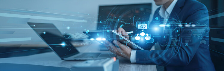 Data structures, computational logic Businessman using tab with analysis data of growth to...