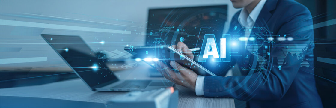 Machine learning, deep learning Businessman using tab with analysis data of growth to AI technology global connection, predictive analytics, automation, intelligent systems - Powered by Adobe