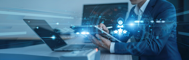 feedback analysis. Businessman using tab with analysis data of growth to customer satisfaction global connection, experience improvement, quality assurance, loyalty programs