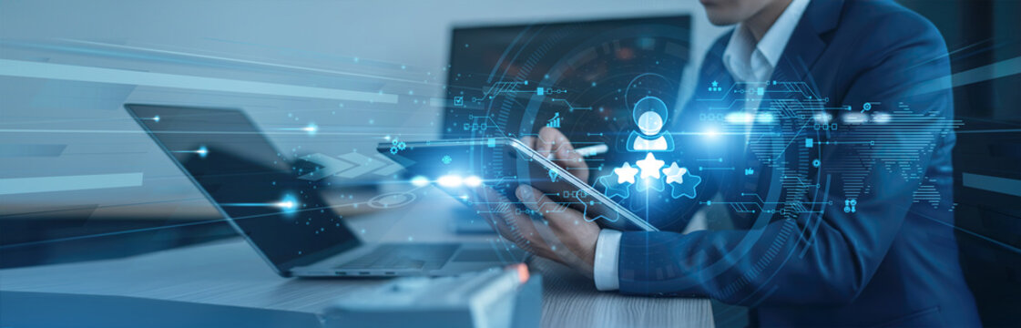 feedback analysis. Businessman using tab with analysis data of growth to customer satisfaction global connection, experience improvement, quality assurance, loyalty programs