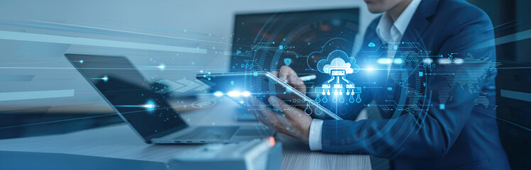 Low latency processing, IoT integration Businessman using tab with analysis data of growth to edge...
