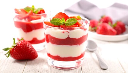 Two layered strawberry parfaits in clear glasses, topped with fresh mint and strawberries, sit on a light wooden surface, creating a vibrant and delightful dessert scene.
