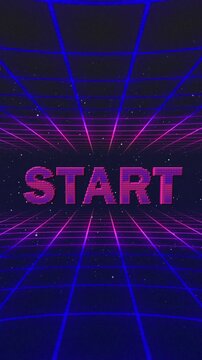 Vertical graphic resource in 90s computer game style. Features starry background, purple horizontal and vertical lines receding into perspective, and "Start" text. Perfect for retro games or symbolizi