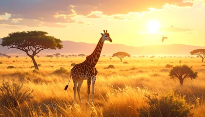Obraz premium A serene giraffe stands amidst a golden savanna landscape at sunrise, bathed in warm, golden light.