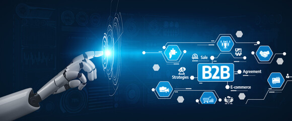 A futuristic robotic hand points toward a digital interface showcasing B2B e-commerce strategies, agreements, and business icons, symbolizing innovation and technology integration. Tessel