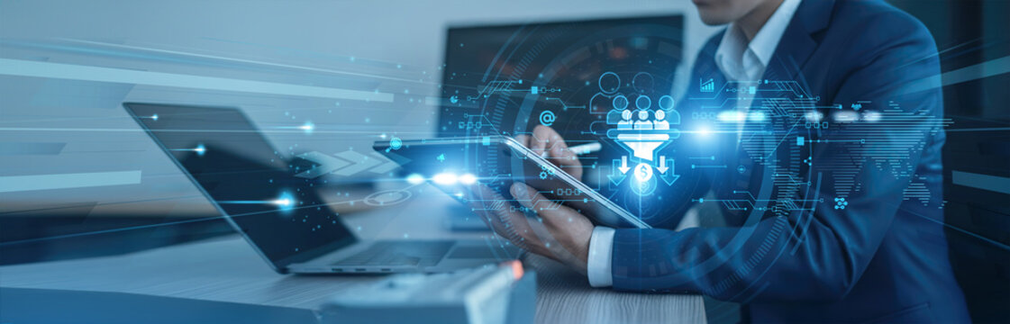 Lead generation, sales strategy, Businessman using tab with analysis data of growth to boost global connection, customer acquisition, marketing automation, conversion optimization, digital outreach.
