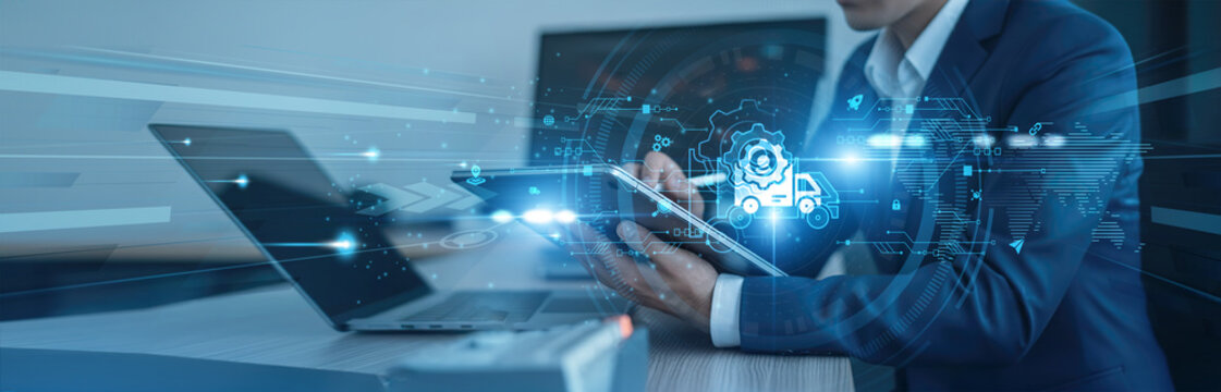 Logistic management, supply optimization Businessman using tab with analysis data of growth to improve global connection, inventory tracking, distribution planning, operational efficiency - Powered by Adobe